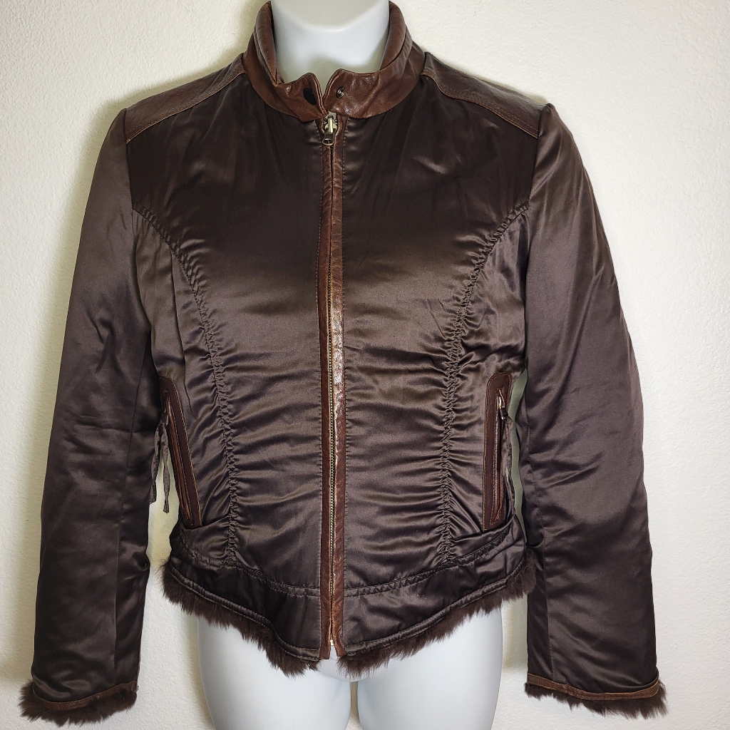 Women's Brown Leather Trim & Rabbit Fur Jacket